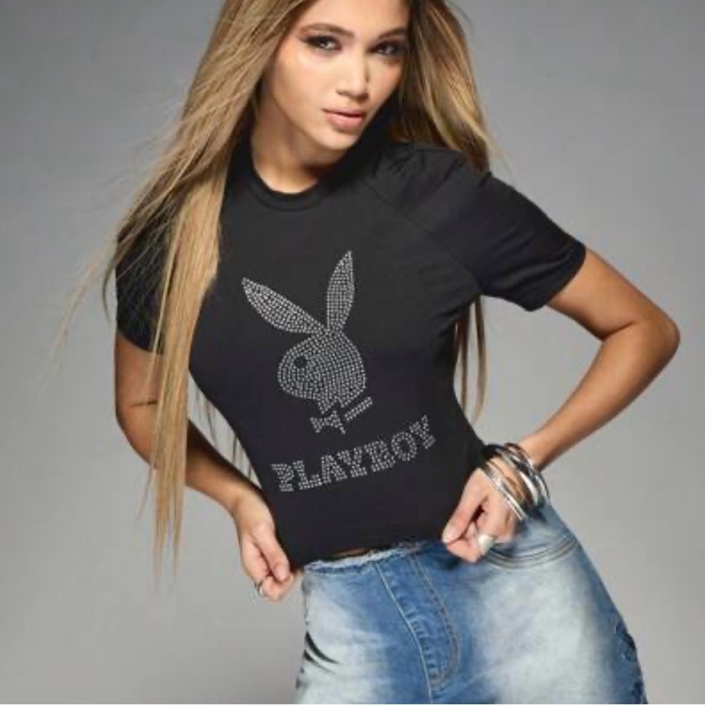 NEW!! Missguided x Playboy Black Rhinestone Studded Bunny Cropped T-Shirt - Sz L